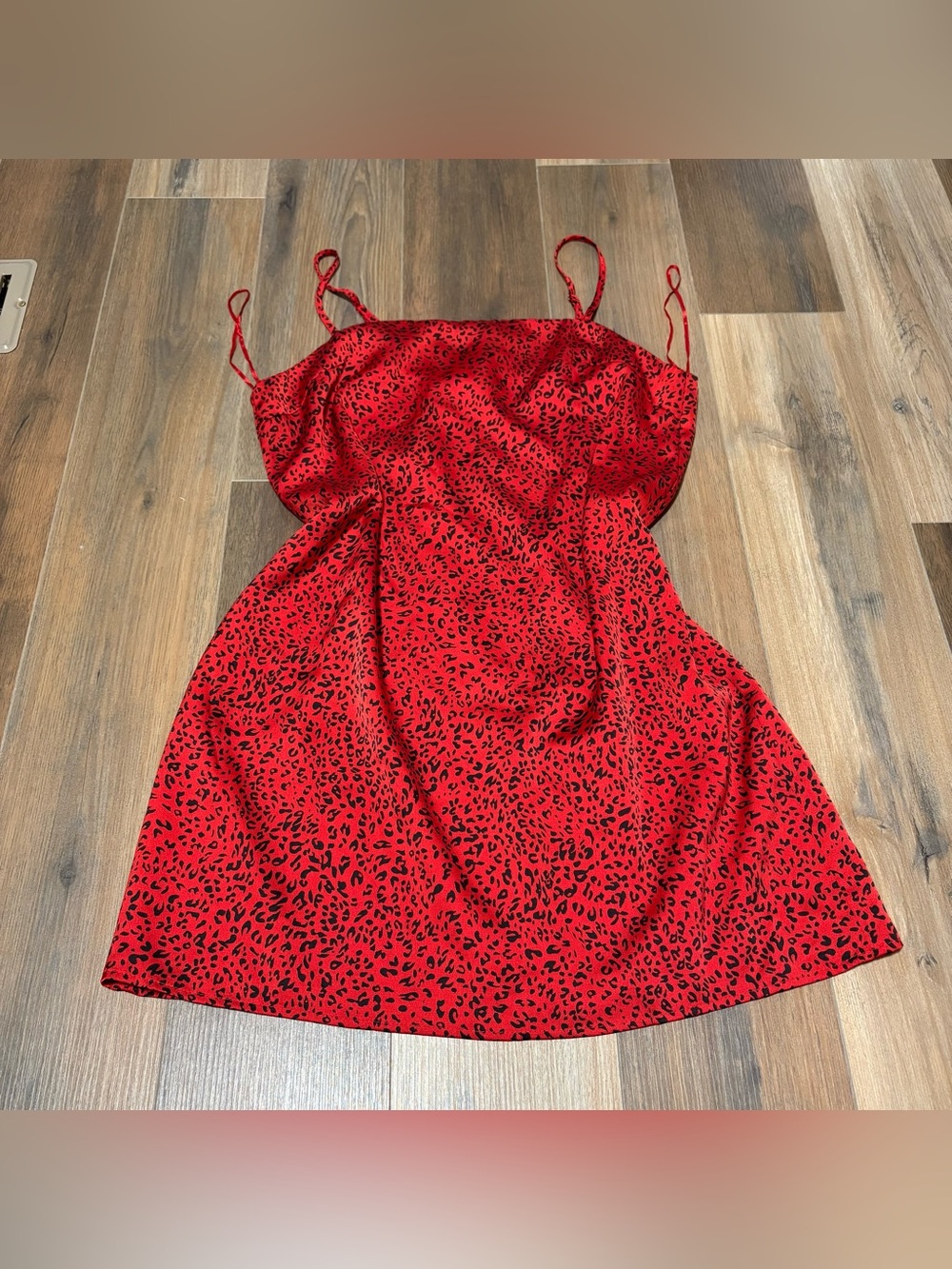 NWT Bluspero Renamed Boutique Red Black Leopard Silky Slip Lined Mini Dress L